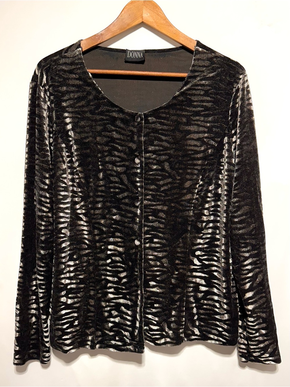 DONNA Black Silver Animal Print Burnout Velvet Top